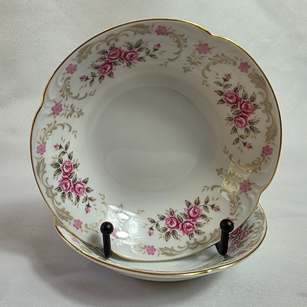 TWO Harmony House Cascade Fruit Bowls White Pink Flowers Gray Leaves